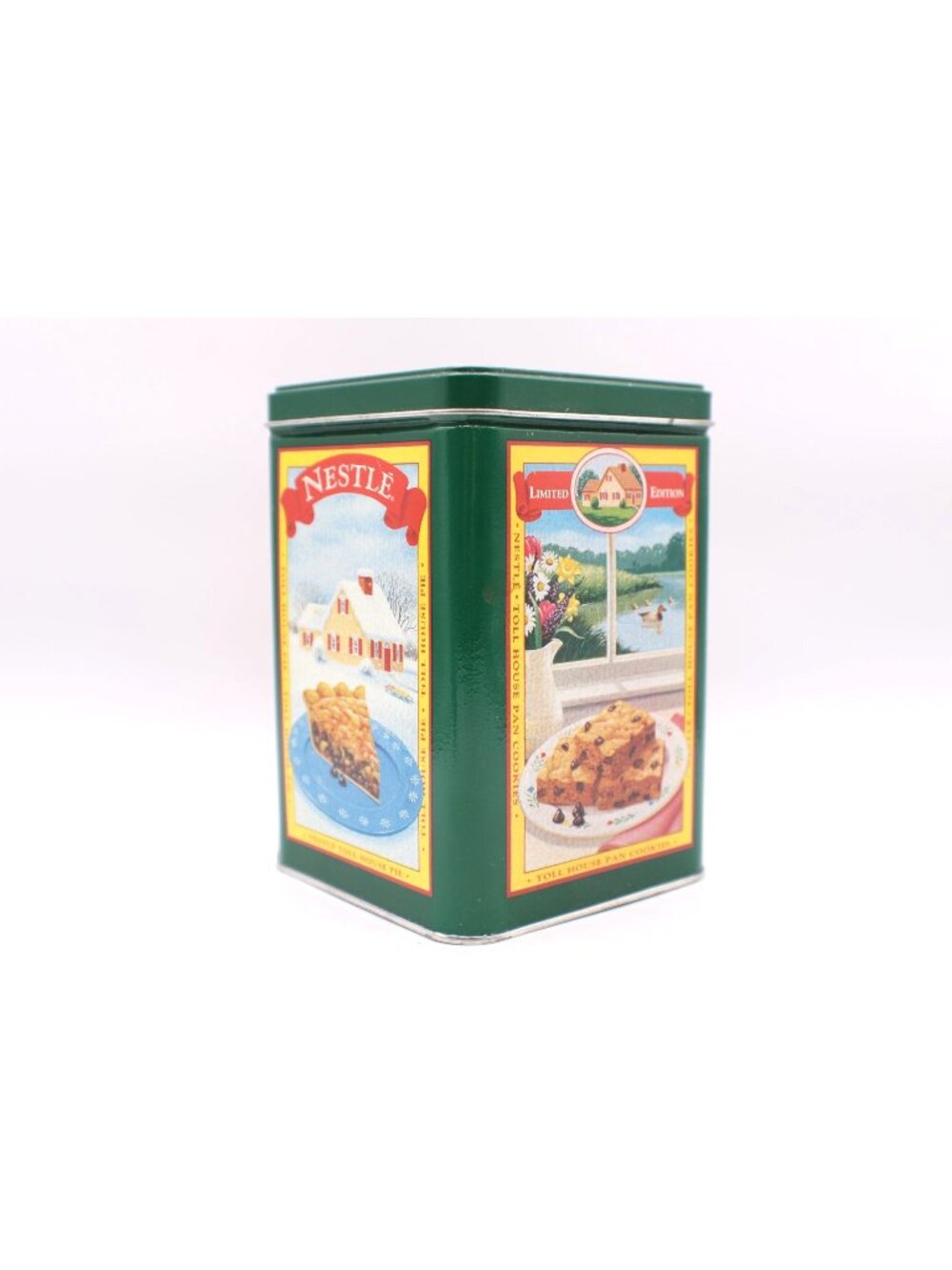 Nestle Limited Edition Green Holiday Cookie Tin 6.25" Tall Vintage Storage Conta